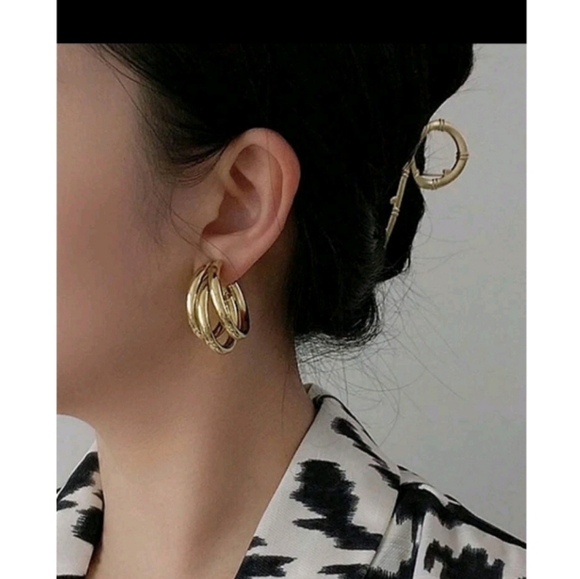 Anthropologie Classic Triple layer Half Hoop Gold Earrings - Picture 4 of 4